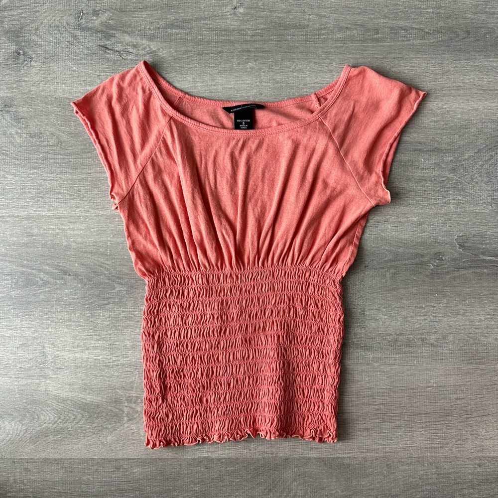 Moda International Coral and Gold Smocked Waist Crop Top Y2K